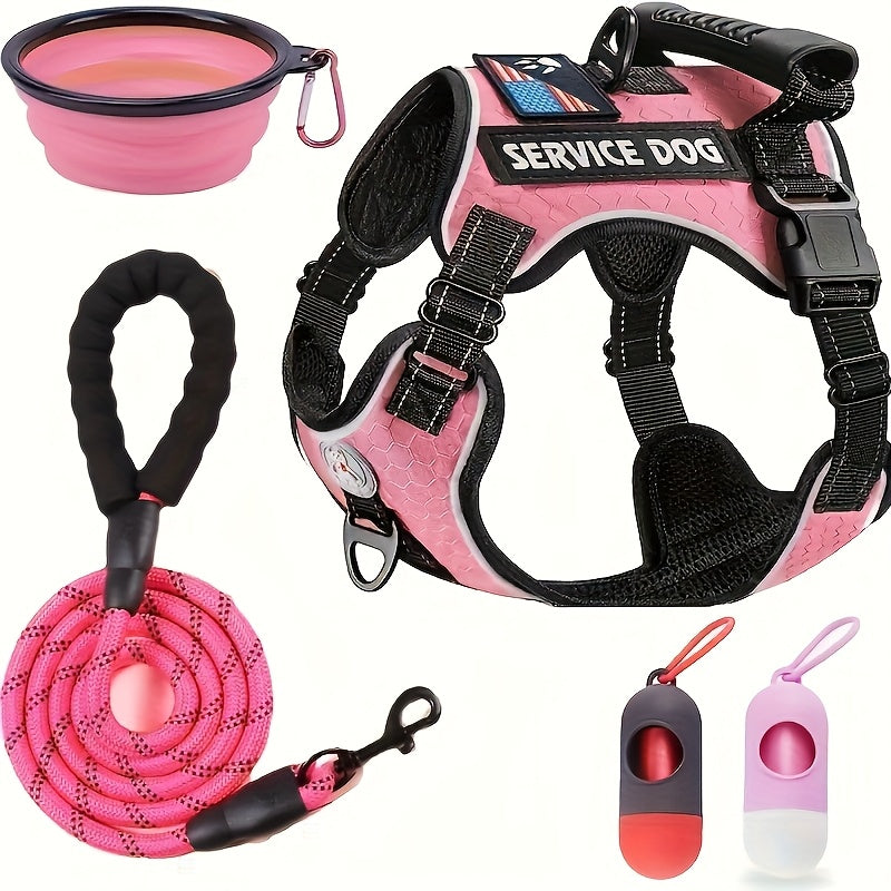 Dog Harness Walking Kit with Reflective No-Pull Adjustable Harness, Leash, Water Bowl and Two Bag Holders, 5-Piece Set for Small Medium and Large Dogs