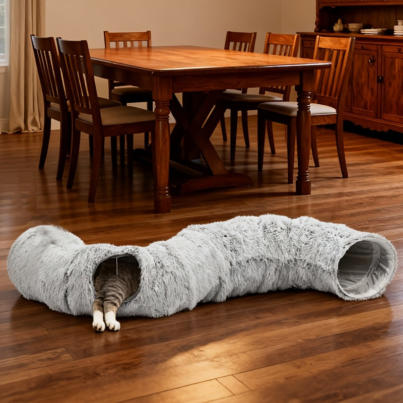 Cat Tunnel Bed with Plush Donut Hideaway, Winter Cozy 2-in-1 Indoor Cat Cave with Hanging Pom-Pom Toys and Thickened Non-Slip Bottom