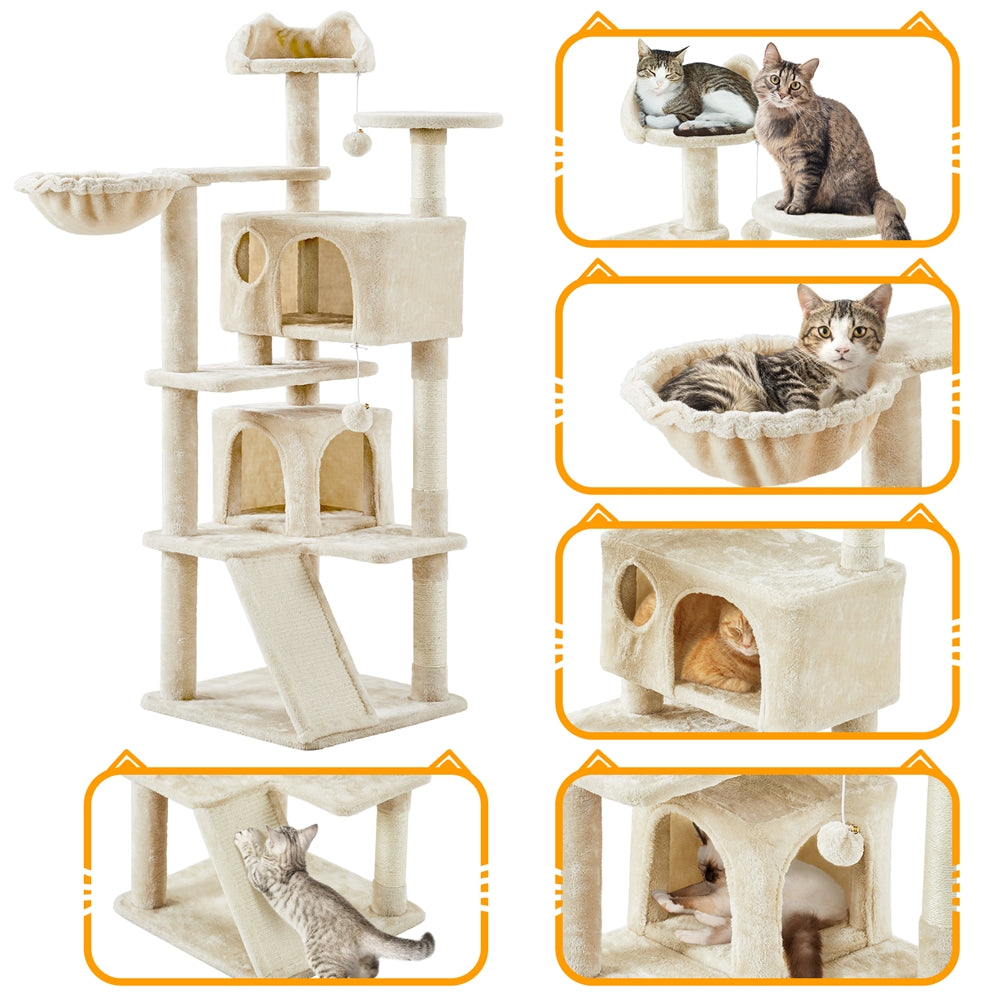Cat Tree 57 Inch with Two Condos, Plush Multi-Level Indoor Kitten Tower with Round Platform, Ladder and Dangling Ball for Small Cats