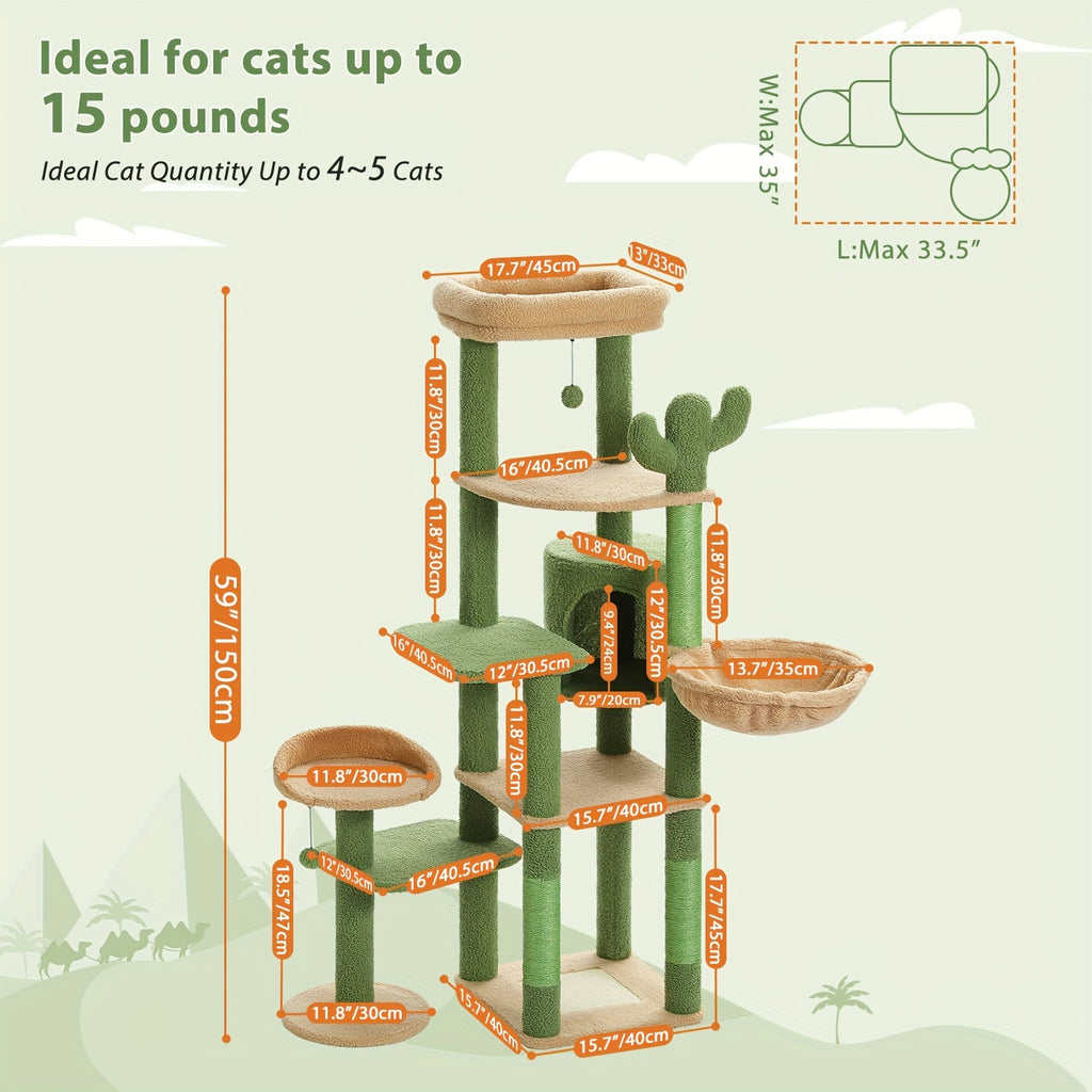 Cat Tree with Twin Perches and Large Hammock, Multi-Level Indoor Cat Tower with Condo Hideaway, Sisal Scratching Posts and Cactus Green Color Option