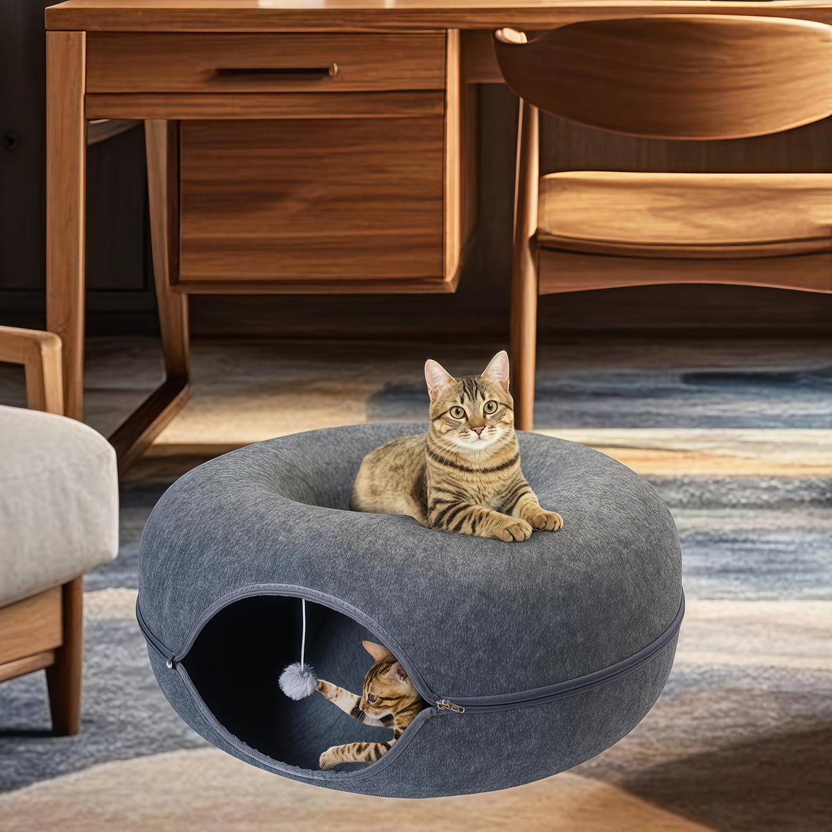 Cat Cave Tunnel Bed with Pom-Pom Ball, All-Season Donut Hideaway for Indoor Cat Rest and Play, 20 or 24 Inch Options in Dark Gray and Light Gray