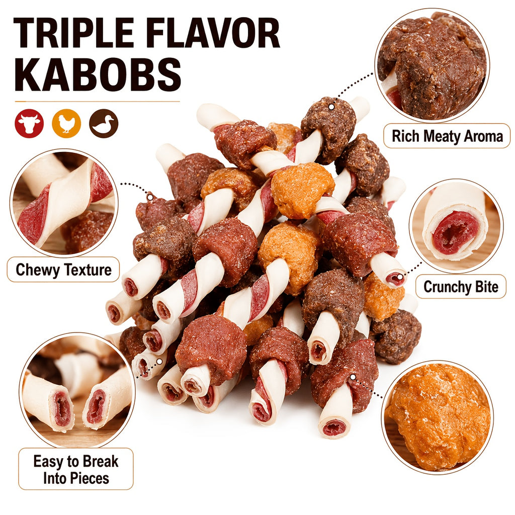 Dog Kabob Treats Triple Flavor Skewers, Mixed Meat Chew Snacks with Combination Pack Options for Supervised Rewards and Daily Treat Time
