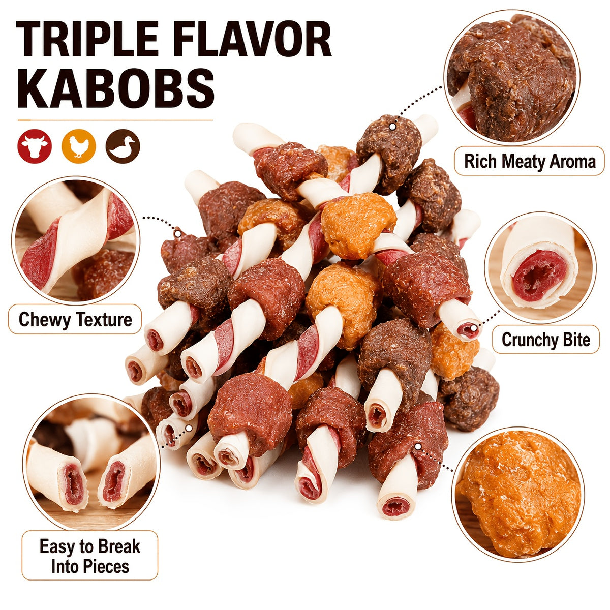Dog Kabob Treats Triple Flavor Skewers, Mixed Meat Chew Snacks with Combination Pack Options for Supervised Rewards and Daily Treat Time