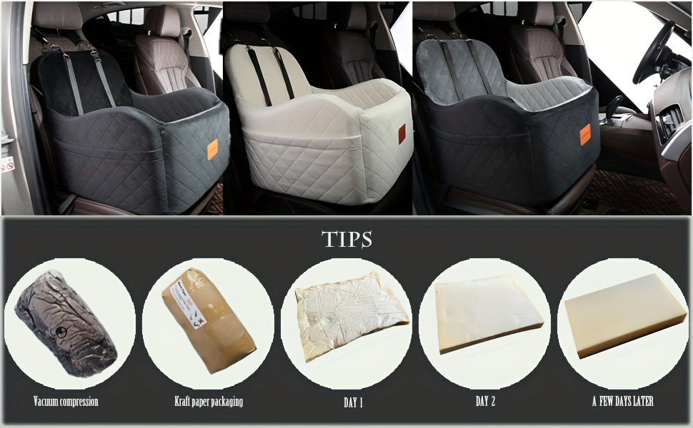 Plush Dog Car Seat with Memory Foam Cushion, Cozy Pet Travel Seat for Dogs and Cats with Side Storage Pockets and 3 Clip-On Leashes