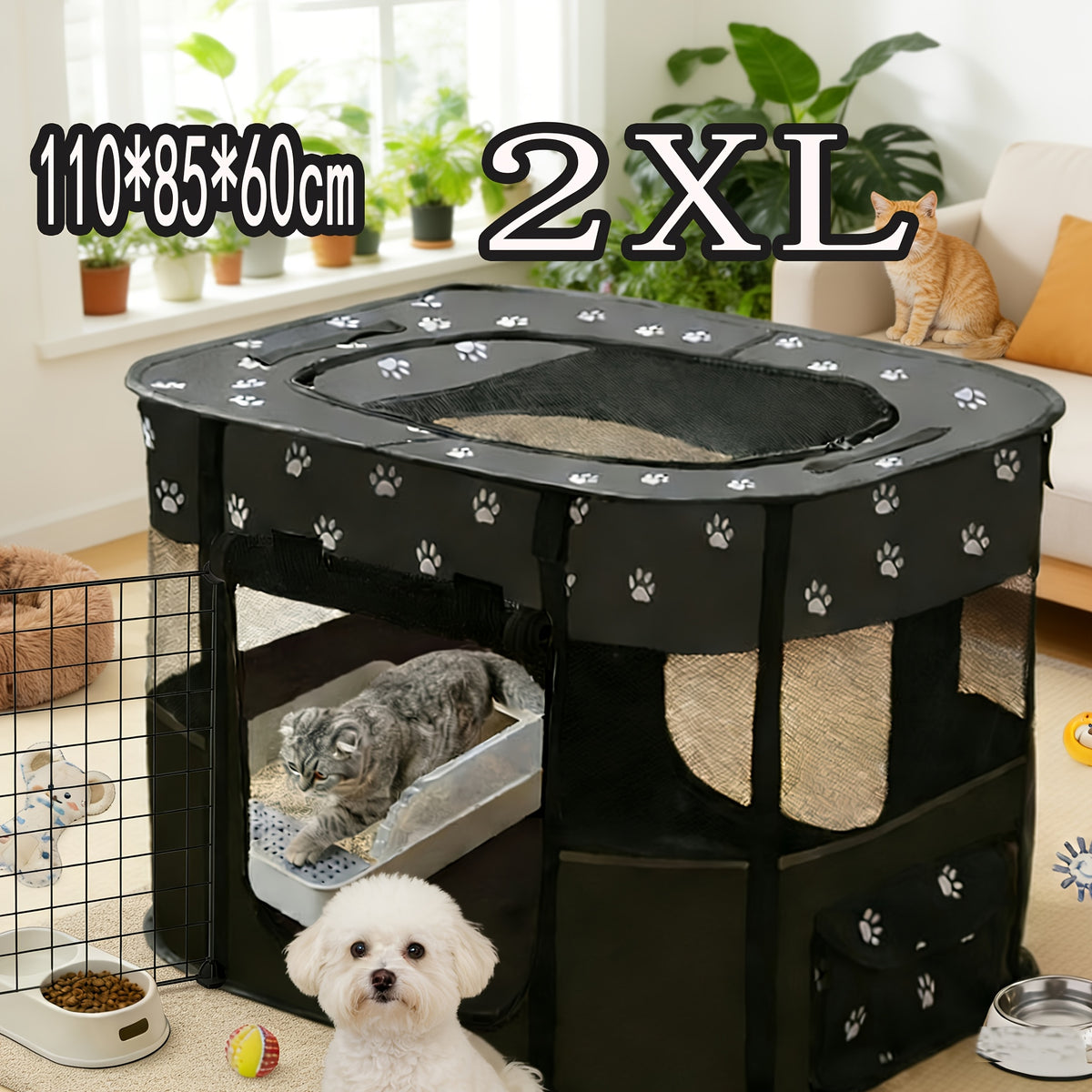 Pet Playpen with Rectangular Tent Design, Foldable Enclosed Resting Space for Small Dogs, Cats, Puppies and Kittens in Black or Gray, L to 2XL Options