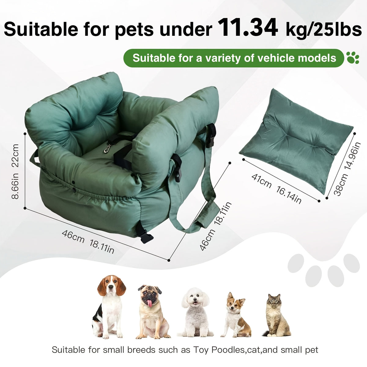 Portable Dog Car Seat with Carry Straps, Cushioned Pet Travel Bed for Dogs and Cats with Attachment Hook and Buckle, Seven Color and Style Options