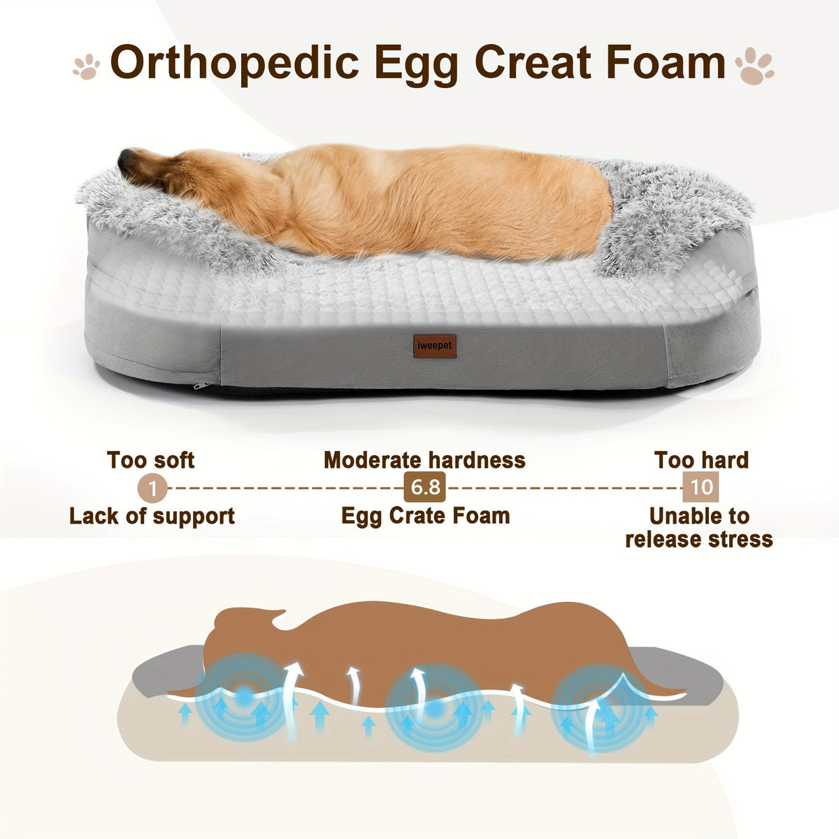 Plush Foam Dog Bed with Removable Washable Cover, Gray Egg Crate Pet Lounger with Raised Edges in Large Rectangle and Semicircle Options