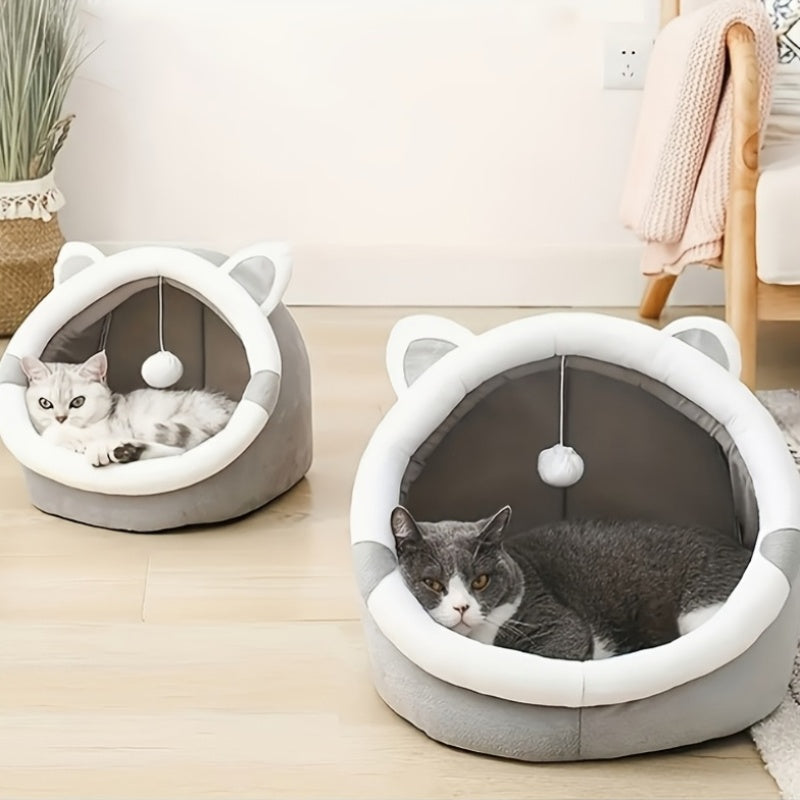 Cartoon Cat Cave Bed and Sleeping House, Cozy Indoor Kitty Hideaway for Curling Up and Resting, Large 16.34 x 16.34 x 13.78 Inches