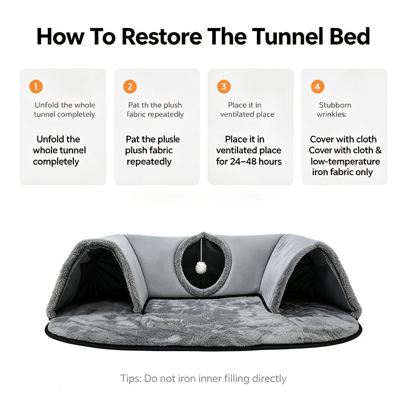 Arch Cat Tunnel Bed with Peekaboo Window and Hanging Ball, Soft Plush 2-in-1 Indoor Kitten Hideaway and Lounge Mat in Small or Large