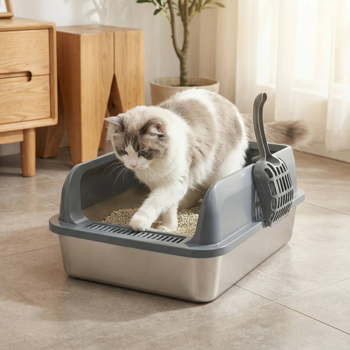 Stainless Steel Litter Box 2 Pack with High-Sided Open-Top Covers and Scoops, Easy-Clean Metal Cat Litter Pans in L or XL for Indoor Cat Care