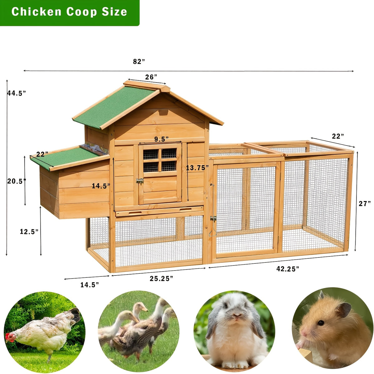 Wooden Chicken Coop with Run and Nesting Box, Raised Backyard Hen House with Access Ramp, Removable Cleaning Tray and Optional Wheeled Models