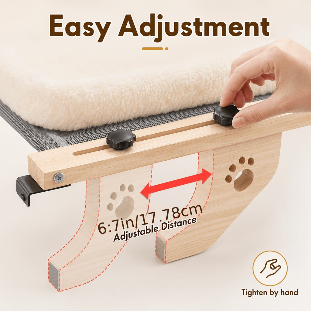 Wood Frame Cat Window Perch, Adjustable Hanging Indoor Cat Bed for Compatible Windowsills, Bedsides, Drawers and Shelves, Space-Saving Lounging Spot
