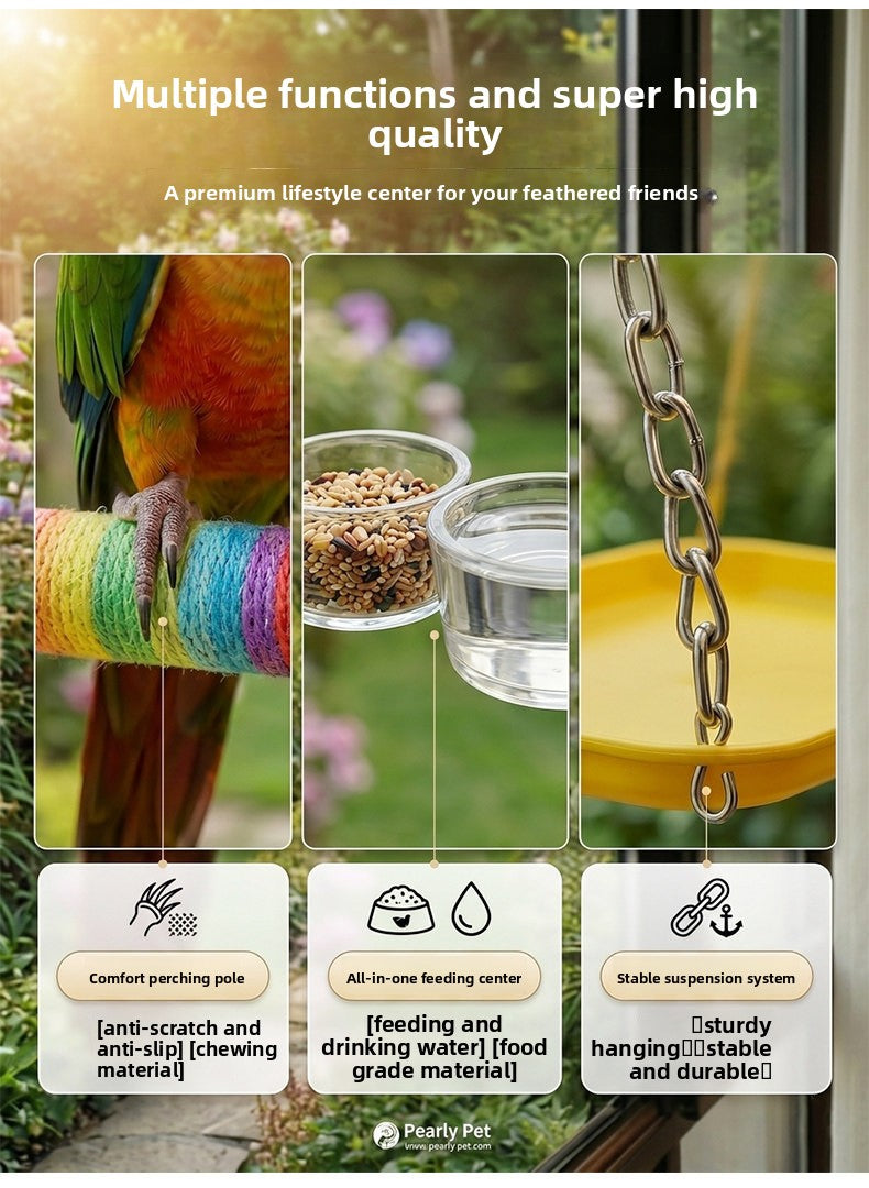 Bird Window Perch with Suction Cup, Parrot Stand with Waste Tray and Anti-Fly Chain, 3-Piece Set for Budgies, Parakeets and Cockatiels