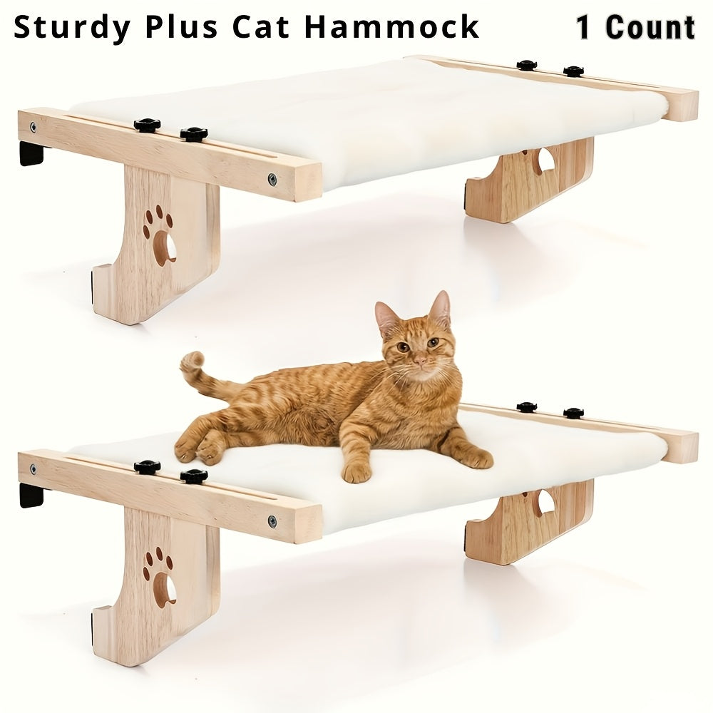 Wooden Cat Perch with Plush Pad, Wide Indoor Cat Hammock Platform for Compatible Window and Cabinet Locations, Optional Cool Mat Model