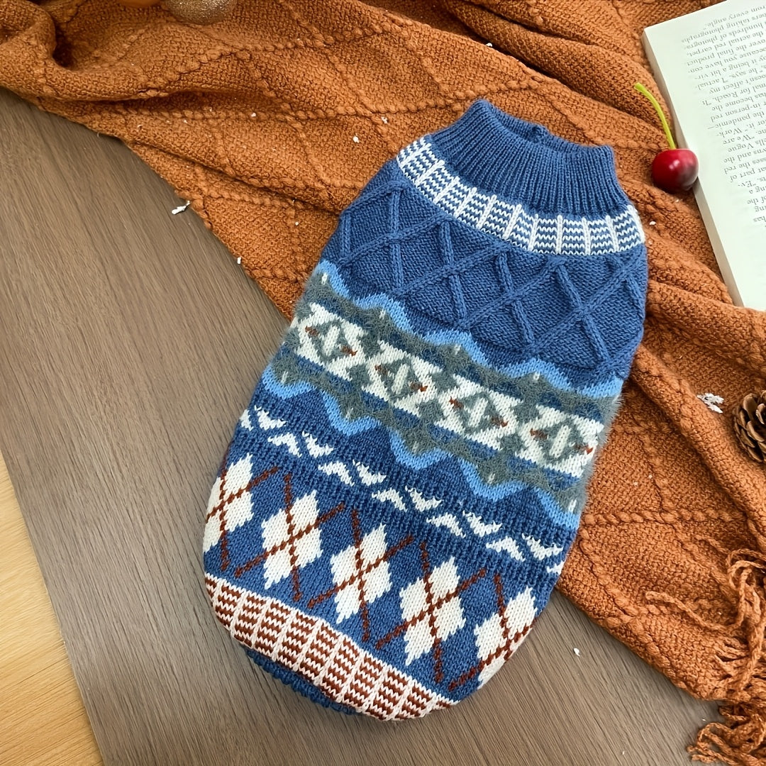 Fair Isle Dog Sweater, Cable Knit Turtleneck Winter Pullover in Beige or Blue, XS-XL Pet Clothing for Cozy Indoor Wear and Cool Weather Walks