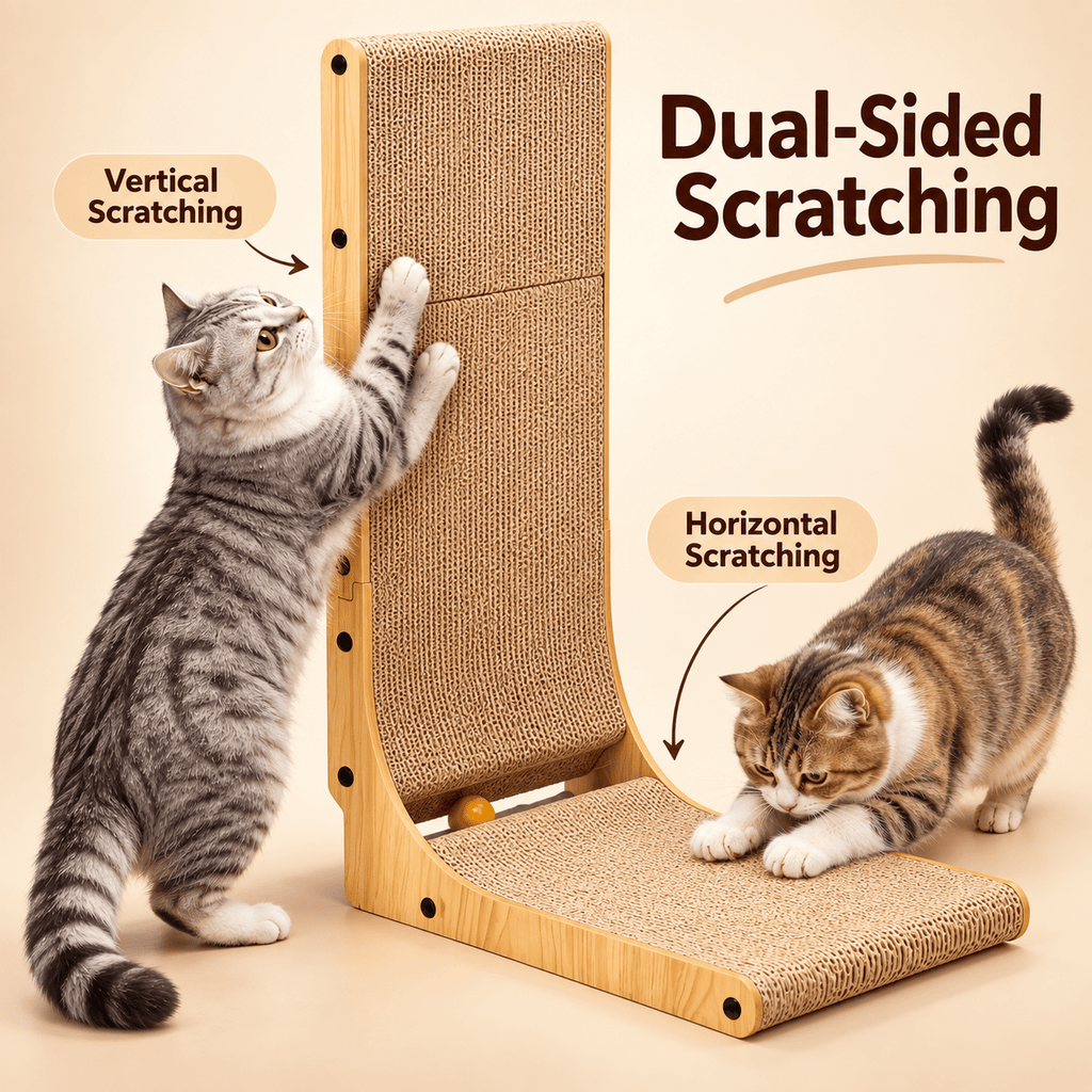 Wood Frame Cardboard Cat Scratcher, XL 24.8 Inch L-Shaped Vertical and Floor Scratching Board with Replaceable Pads and Jingle Toy Ball