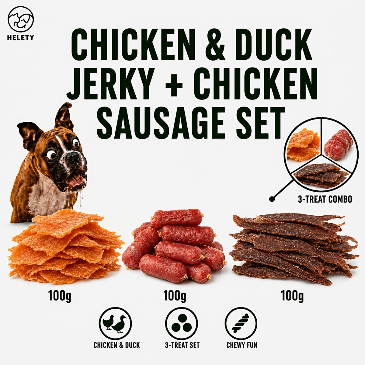 Dog Snack Variety Selection with Chicken Liver, Duck Jerky, Beef Cubes and Sweet Potato Donut Options for Supervised Training Rewards