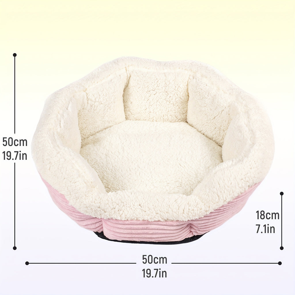 Machine Washable Pet Bed for Cats and Dogs, Thick Plush Winter Sleeping Cushion with Non-Slip Base, Pink or Gray in Round and Rectangle Options