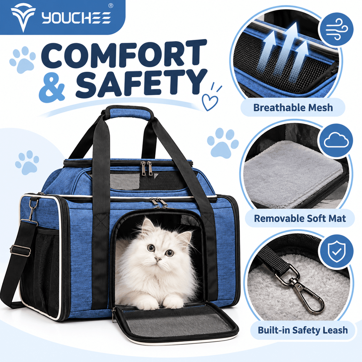 XL Soft-Sided Pet Carrier 19 x 12 x 17 Inch for Cats and Small Dogs up to 25 lbs, Five-Side Mesh Travel Bag with Expandable Top and Removable Mat