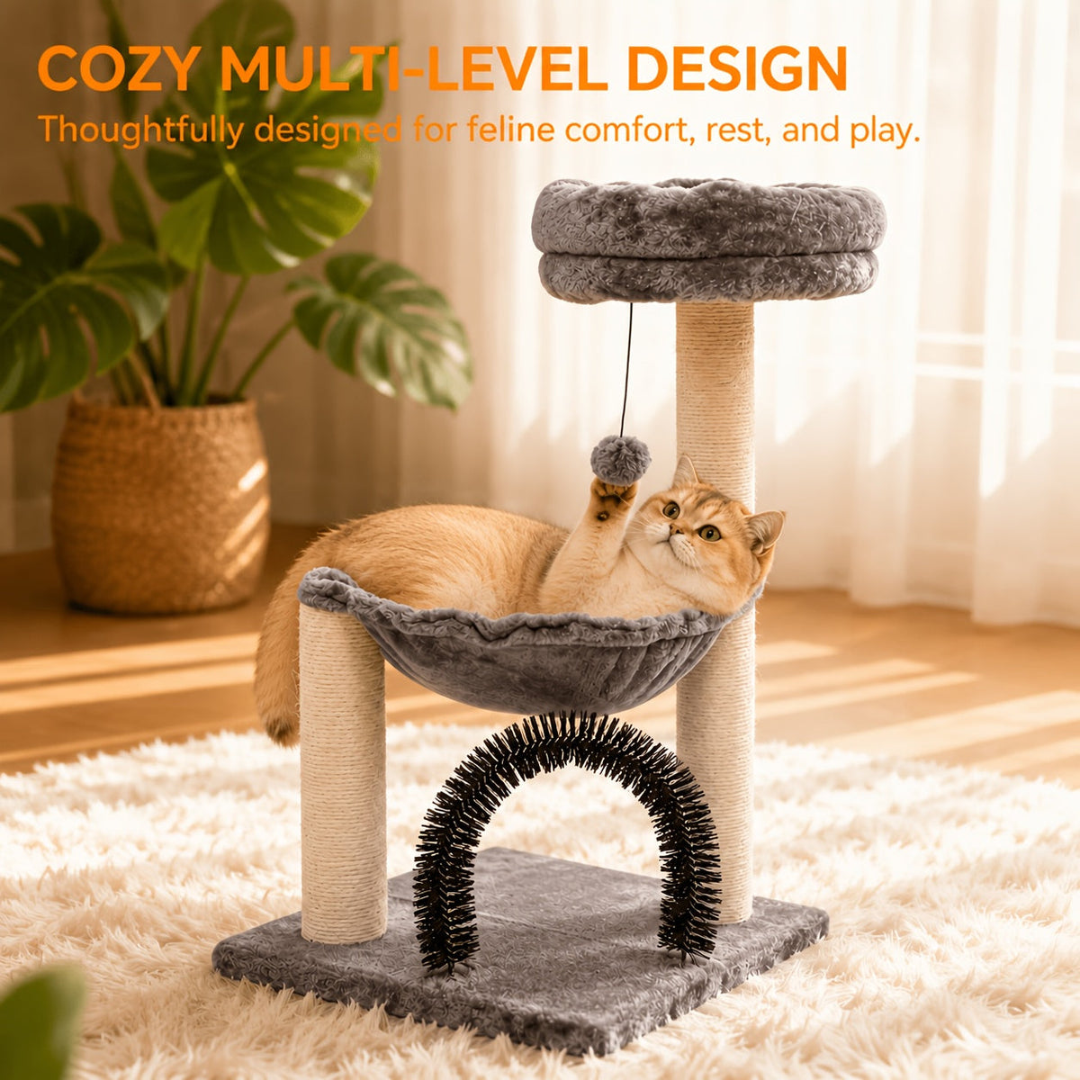 Cat Tree for Kittens and Small Cats, 27.8-Inch Gray Indoor Tower with Plush Basket, Top Perch, Scratching Posts and Dangling Ball Toy