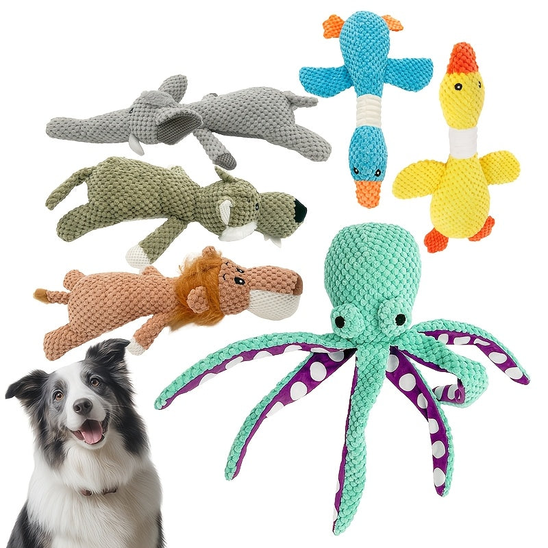 Random Animal Plush Dog Toy, One Squeaky Textured Companion for Supervised Gentle Play, Assorted Octopus, Goose, Wolf, Lion or Elephant Style