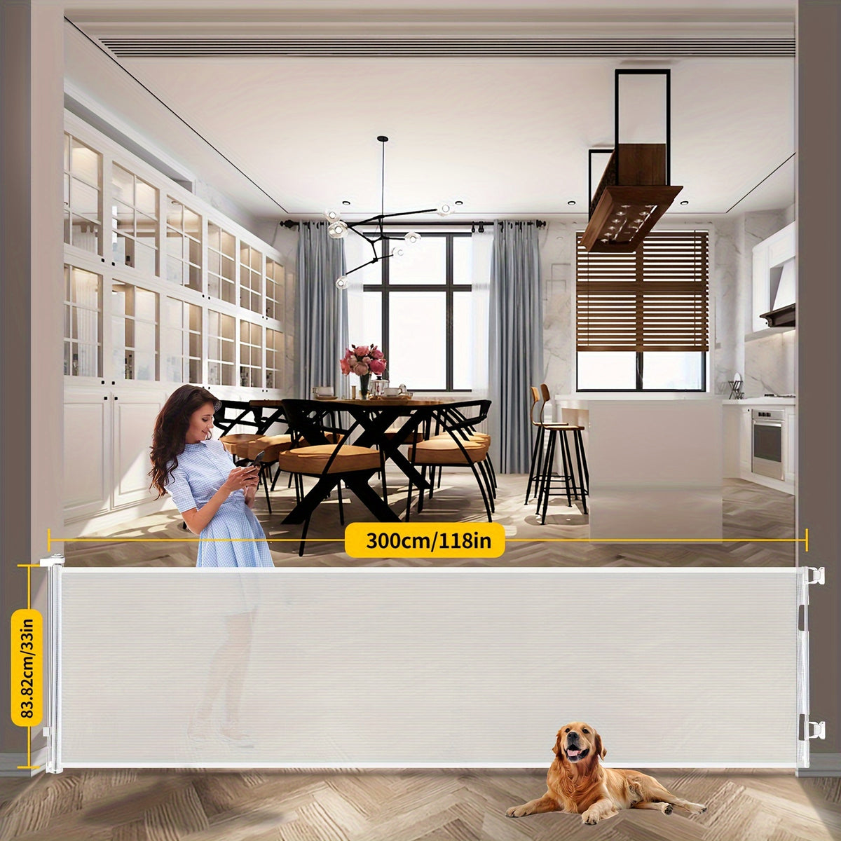 Retractable Mesh Dog Gate for Doorways and Hallways, Indoor Outdoor Pet Barrier in Black, White or Gray, Multiple Sizes up to 197 Inches Wide