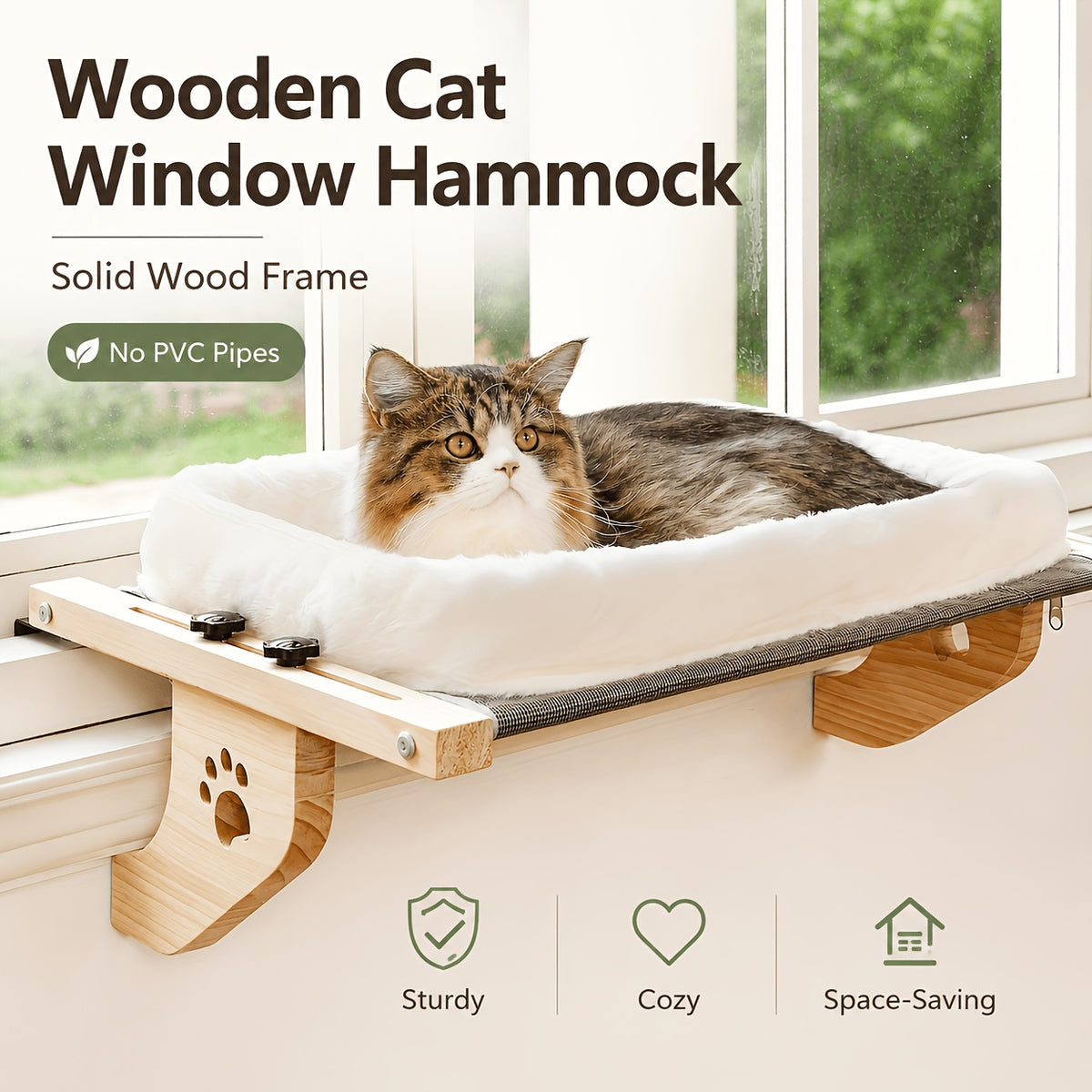 Cat Windowsill Hammock, 24.4 x 15 Inch Adjustable Wood and Metal Frame Bed for Indoor Cats, Non-PVC Perch for Compatible Bedsides, Drawers and Cabinets