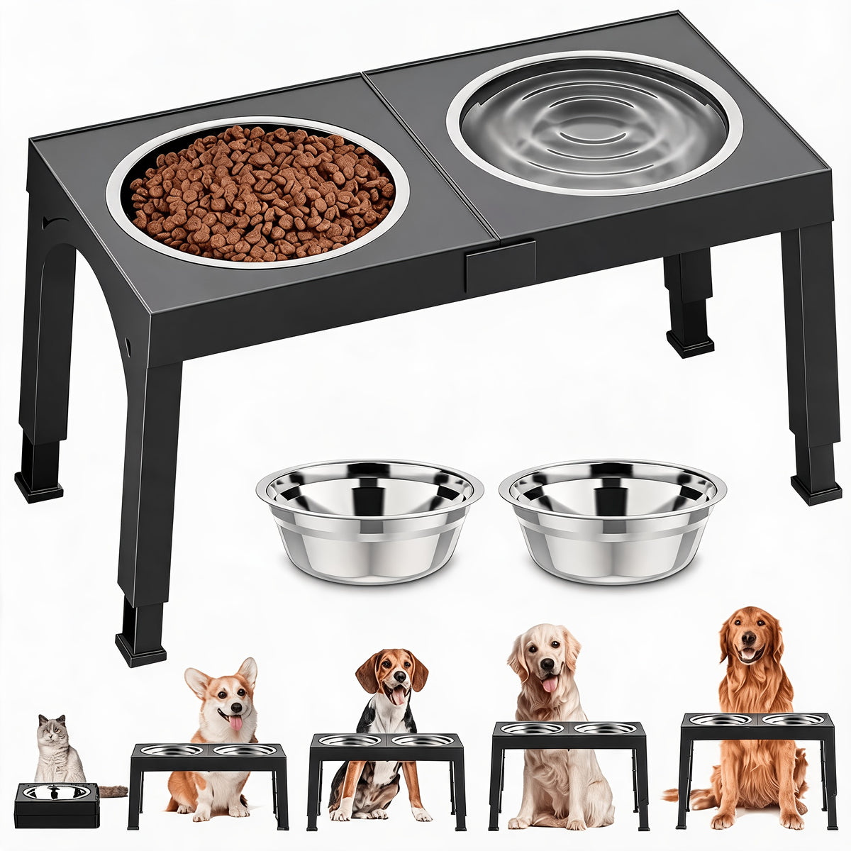 Foldable Elevated Dog Bowls with Height Adjustable Stand for Large Dogs, Raised Food and Water Feeding Station with Stainless Steel Bowl Options
