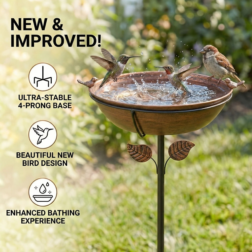 Outdoor Bird Bath with Removable Basin, 0.7 or 1.4 Gallon Garden Birdbath with Ground Stake, Decorative Bird Accents and Optional Solar Sprayer