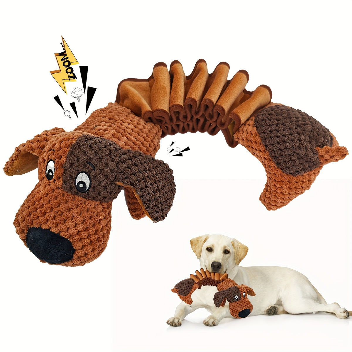 Crinkle Plush Dog Toy with Accordion Body, Spring Dog or Spring Cow Stuffed Pull Toy for Supervised Gentle Tug, Fetch and Interactive Pet Play