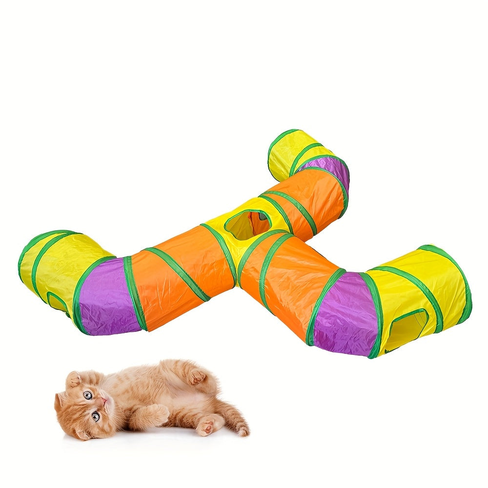 T-Shaped Cat Tunnel with Hanging Ball, Collapsible Polyester Play Tube with Multiple Entrances for Indoor Cat Hide-and-Seek and Daily Exploration