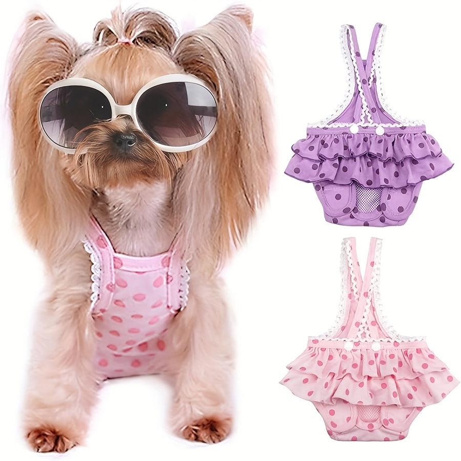 Washable Female Dog Diapers with Suspenders, 2-Pack Reusable Heat Cycle Sanitary Panties in Red Polka Dot and Cow Print, XXL Size