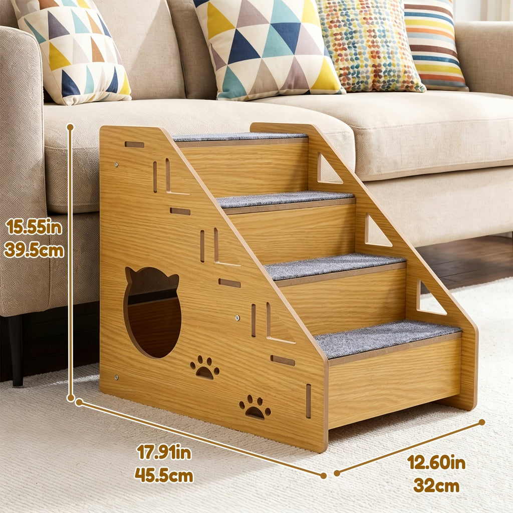 4-Step Dog Stairs for Small Dogs and Cats, Khaki Pet Steps with Non-Slip Treads and Paw Cutout Side Panels for Bed and Couch Access