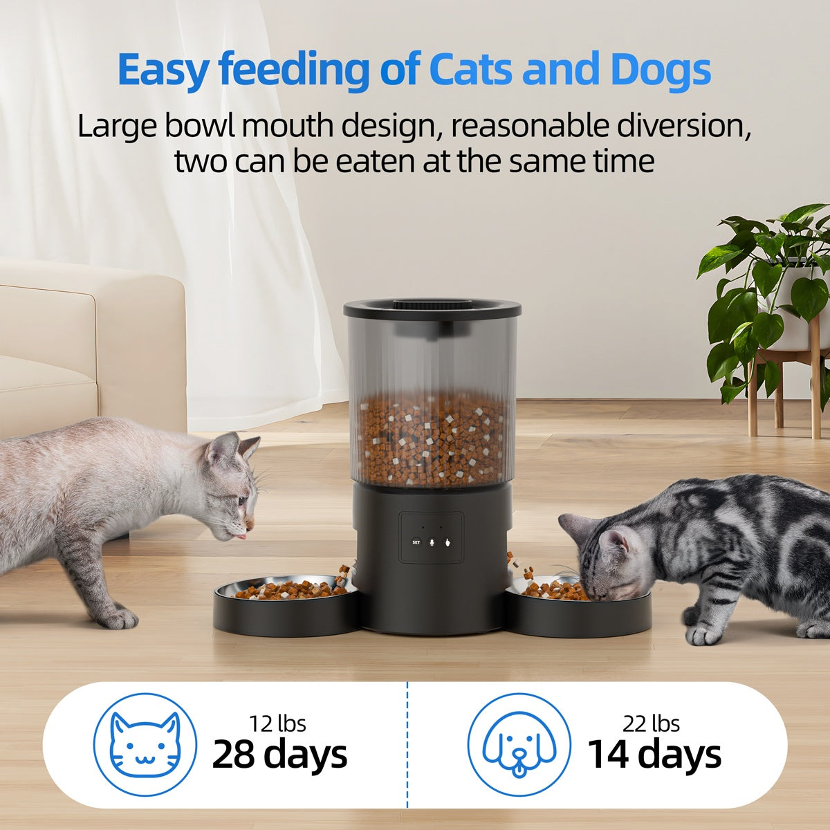 Automatic Cat Feeder for Two Cats, 4.5L WiFi App-Controlled Dry Food Dispenser with Double Bowls and Timed Feeding for Multi-Pet Homes