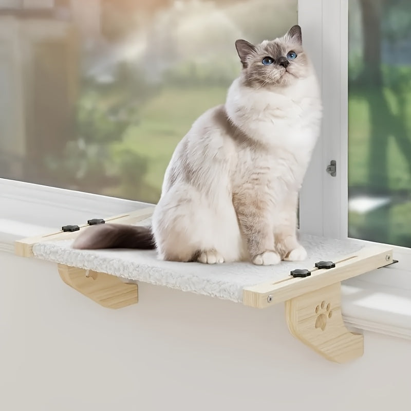 Cat Windowsill Hammock, 24.4 x 15 Inch Adjustable Wood and Metal Frame Bed for Indoor Cats, Non-PVC Perch for Compatible Bedsides, Drawers and Cabinets