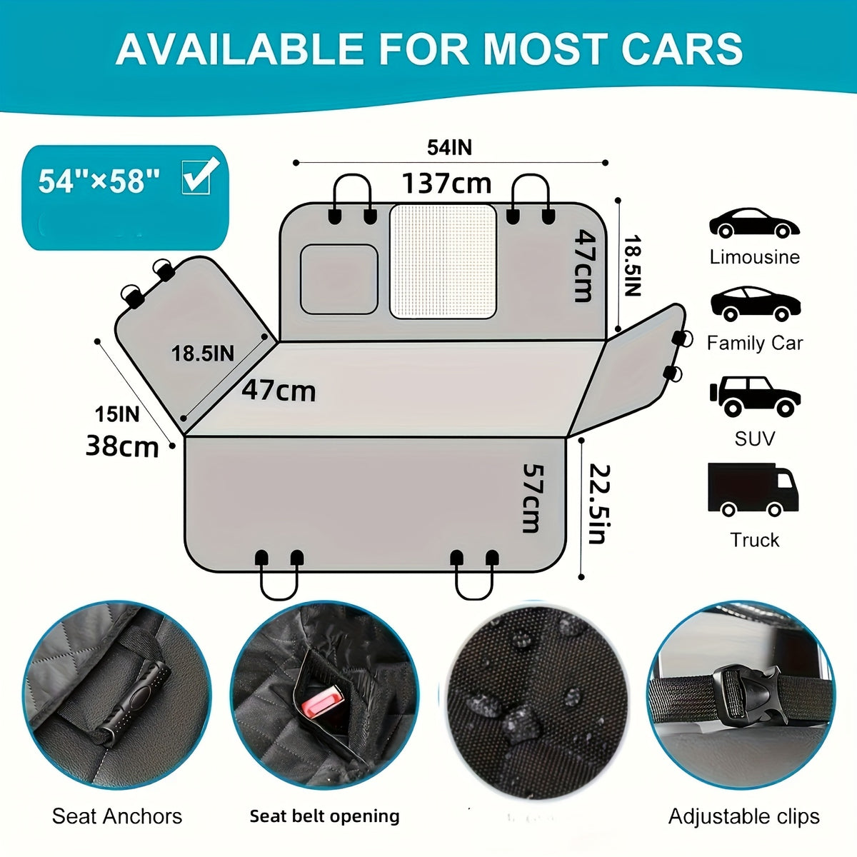 Dog Car Seat Cover with Mesh Viewing Window, 54 x 58 Inch Quilted Backseat Hammock with Storage Pocket and Gray Binding for Compatible Cars, Trucks and SUVs