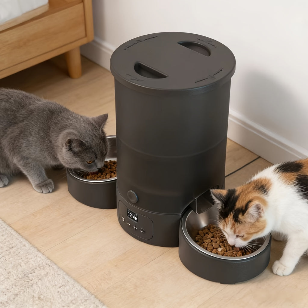 Timed Automatic Cat Feeder with 2 Stainless Steel Bowls, 101.44oz Button-Control Food Dispenser, 1-10 Feedings and Dual Power for Multi-Pet Homes