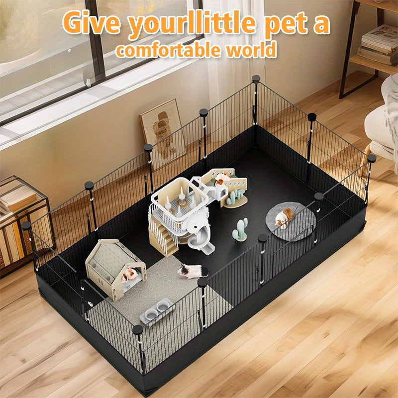 Small Animal Enclosure with Mat, Black Villa-Style Pet Fence for Supervised Indoor Play Areas and Outdoor Activity, Hamster Cage Model