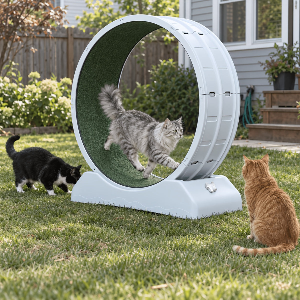 33 Inch Cat Exercise Wheel with Carpeted Runway, Plastic Indoor Cat Treadmill for Supervised Activity, Includes Whistle in Grey, Blue or Green