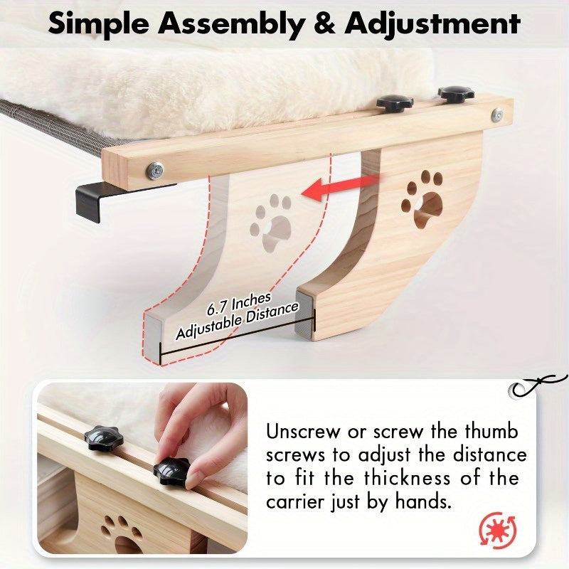 Wood Frame Cat Window Perch, Adjustable Hanging Indoor Cat Bed for Compatible Windowsills, Bedsides, Drawers and Shelves, Space-Saving Lounging Spot