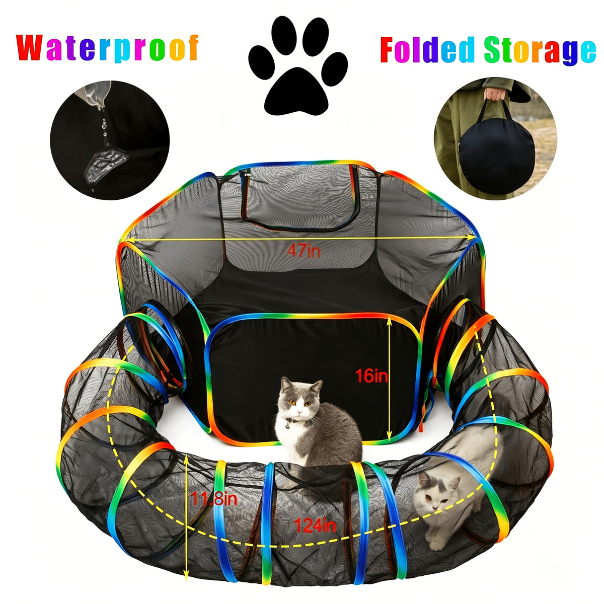 Cat Playpen with Tunnel, Portable Outdoor Cat Enclosure and Catio Tent for Indoor Cats, Supervised Backyard Play and Daily Exploration