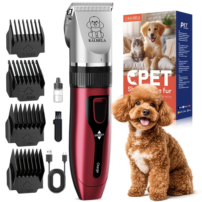 Dog Grooming Clippers with Display, Red Cordless Rechargeable Pet Hair Trimmer with Detachable Blades, Four Guide Combs and Kit Options