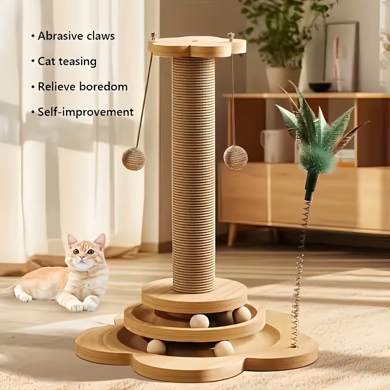 Cat Scratching Post Activity Center with 2-Level Ball Track, Sisal Rope, Pinewood Base, Feather Toy and Hanging Balls for Indoor Cats