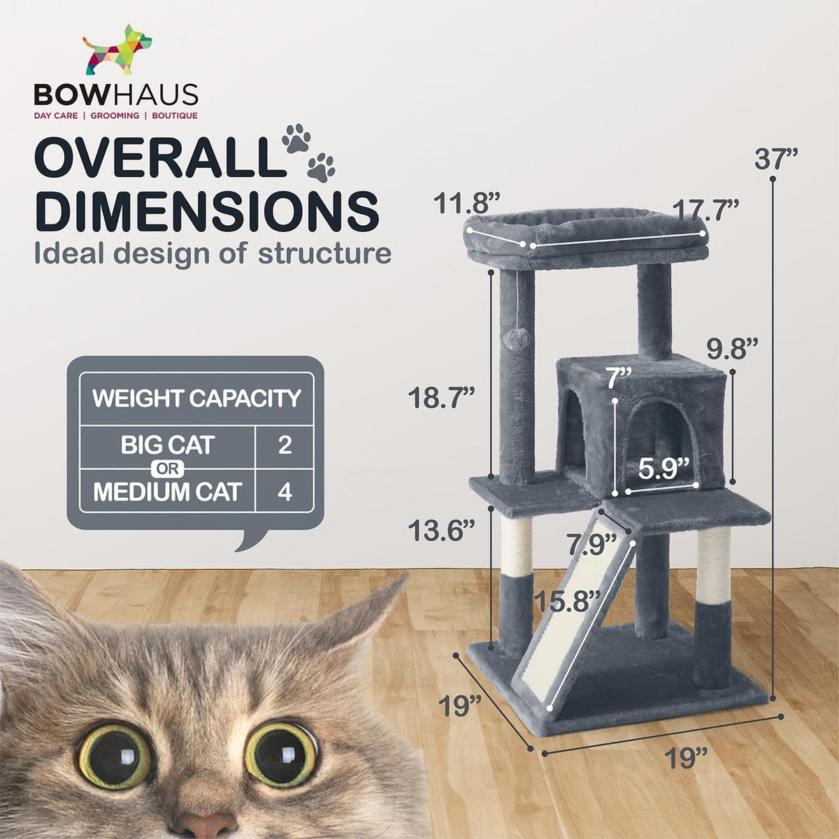 Cat Tree with Scratching Ramp, 37 Inch Indoor Cat Tower with Widened Padded Perch, Sisal Posts, Hammock and Cozy Condo for Cats and Kittens