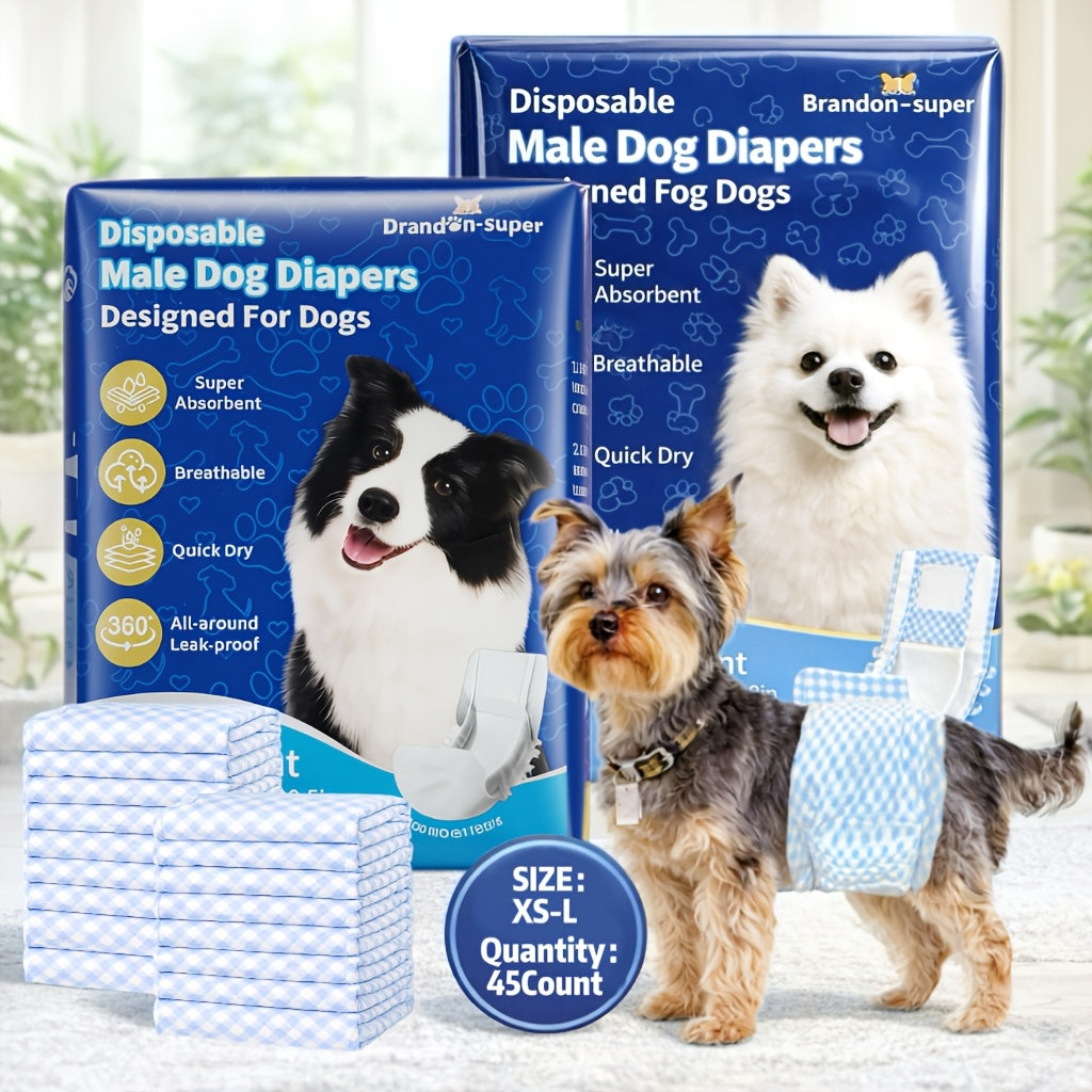 Male Dog Diapers 45 Count, Disposable Absorbent Belly Wraps in XS S M L for Puppy Accidents, Senior Dog Hygiene and Indoor Urine Management