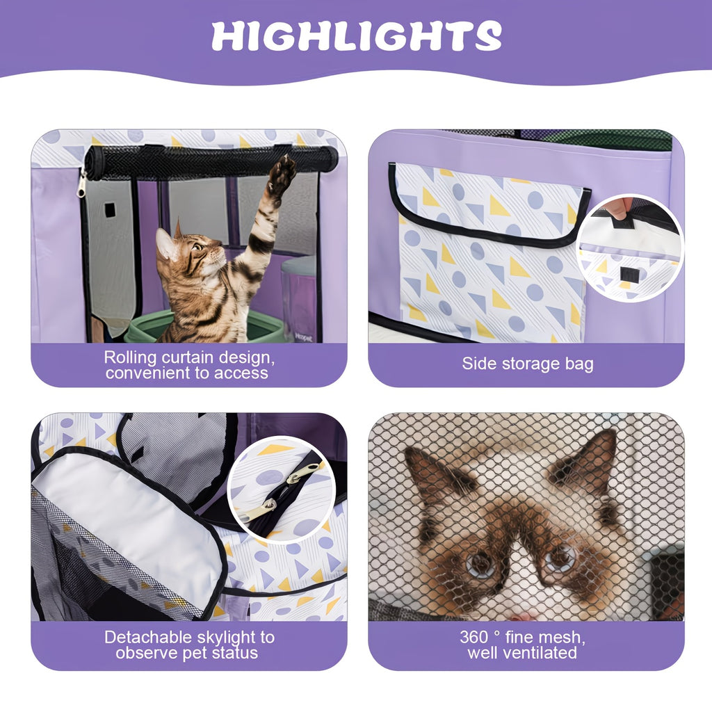 Rectangular Pet Playpen for Dogs and Cats, Purple Foldable Mesh Tent with Zipper Door for Puppies, Kittens, Indoor Rest and Travel