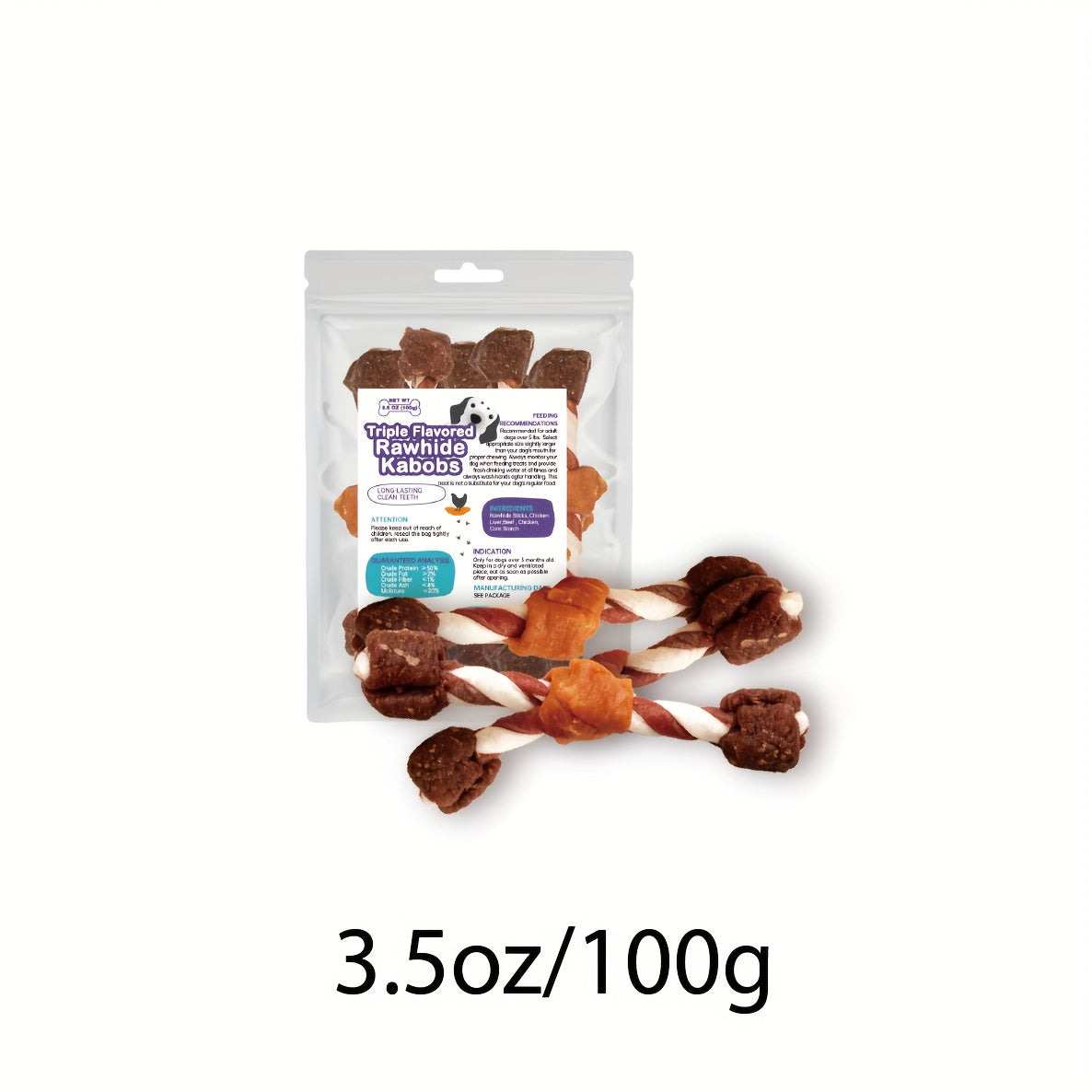 Dog Treat Kabobs with Rawhide, Beef, Chicken and Chicken Liver, Triple Flavor Chew Snacks for Supervised Treat Time in 100g to 900g Pack Options
