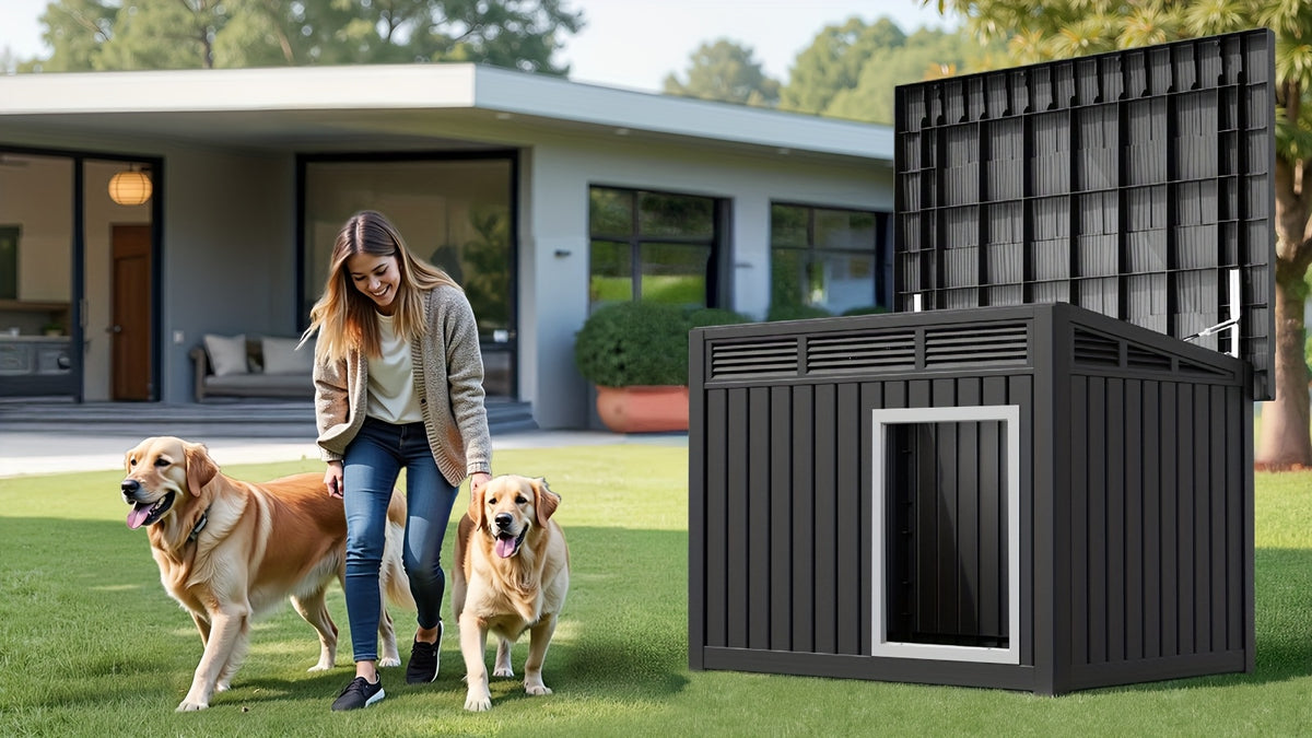 Dog House for Large Dogs Outdoor, All-Weather Resin Dog Shelter with Lift-Up Slant Roof and Ventilation Louvers, Windproof Rainproof UV-Resistant, 2 Sizes in Black or Gray