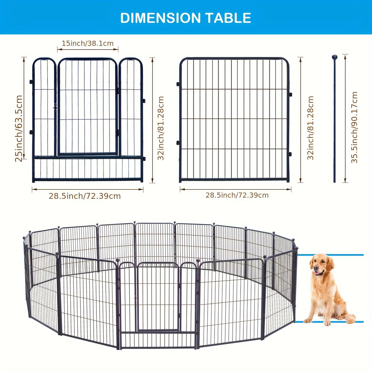 Dog Playpen for RV Camping, Heavy Duty Metal Exercise Fence with 8-Panel 32-Inch or 16-Panel 45-Inch Options for Supervised Dog Play