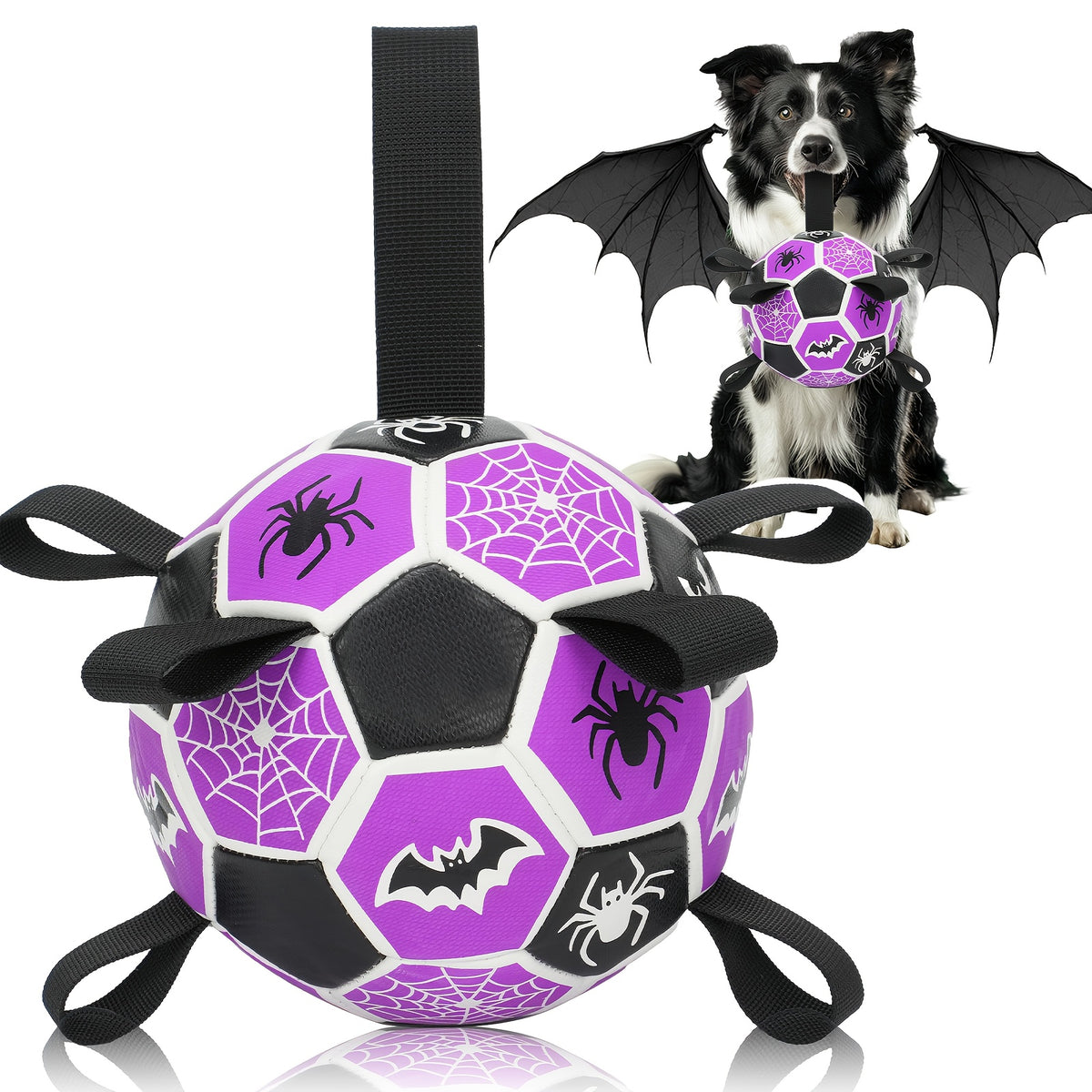 Dog Ball with Halloween Bat and Spider Web Design, Purple Black Fetch Toy with Strap and Inflator, 6 or 7.25 Inch for Supervised Interactive Play